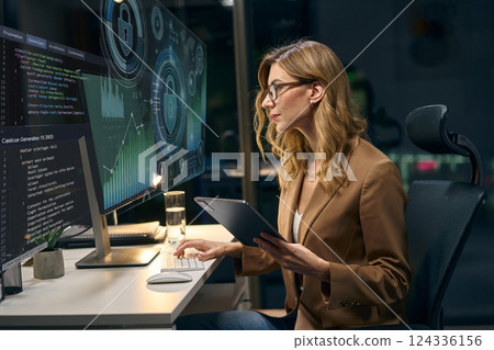 Professional Cybersecurity Analyst Working at Computer With Advanced Data Visualizations 124336156