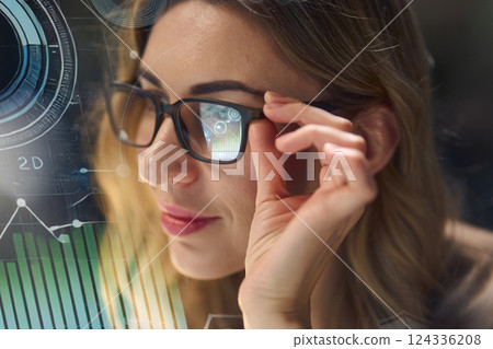 Woman Using Augmented Reality Technology for Data Analysis and Innovative Problem Solving 124336208