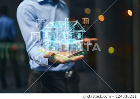 Innovative Digital 3D House Model Displayed In Hands With Holographic Effect 124336211