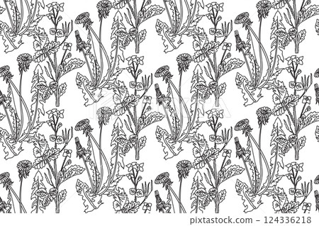 Line art botanical seamless floral pattern with dandelion and celandine vector illustration. Black outline repeating plant pattern in white background. Graphic design for Fashion Cover Textile Print Line art botanical seamless floral pattern with dandelion and celandine vector illustration. Black outline repeating plant pattern in white background. Graphic design for Fashion Cover Textile Print 124336218