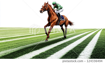 Horse and jockey galloping on the grass 124336494