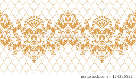 Floral pattern. Vector background. Vintage wallpaper in the Baroque style. White and golden ornament for fabric, wallpaper, packaging. Ornate Damask flower illustration 124336581