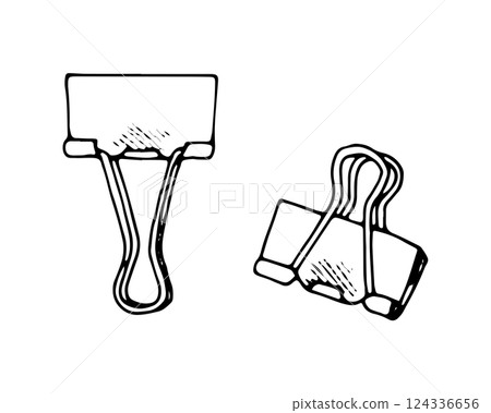 Vector illustration of a set of paper binders or fasteners. Hand drawn sketch of paperclips, staples and clamps in a vintage style. For office and journaling designs. Isolated on a white background Vector illustration of a set of paper binders or fasteners. Hand drawn sketch of paperclips, staples and clamps in a vintage style. For office and journaling designs. Isolated on a white background 124336656