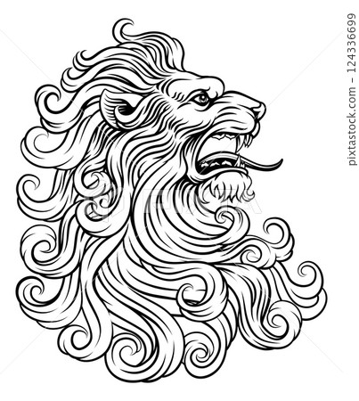 Lion Head Woodcut Etching Vintage Style 124336699