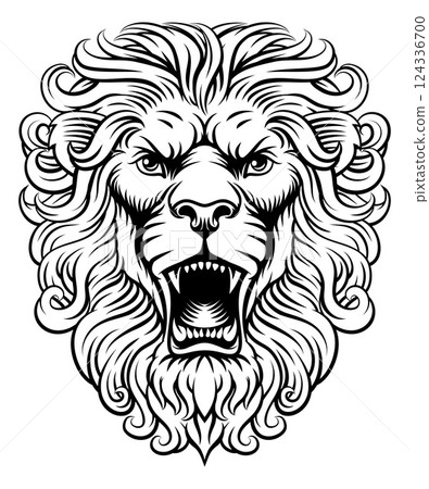 Lion Head Woodcut Etching Vintage Style 124336700