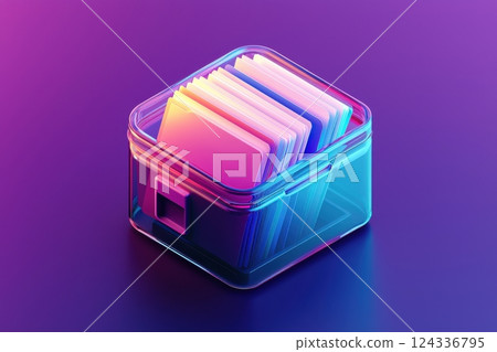 Colorful app icon design with transparent glass file box on gradient background 124336795