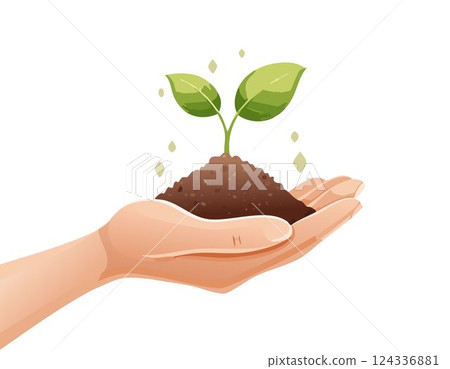Hand holding soil in for planting. Environmental growth, save planet friendly. 124336881