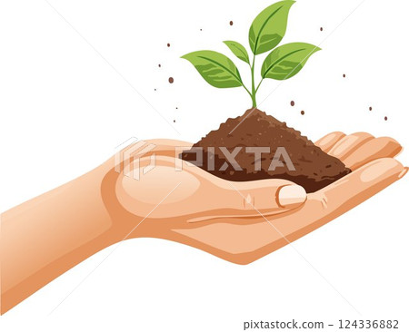 Hand holding soil in for planting. Environmental growth, save planet friendly. 124336882