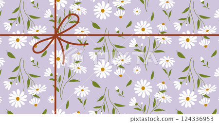 Wrapping paper with seamless floral pattern and red ribbon 124336953