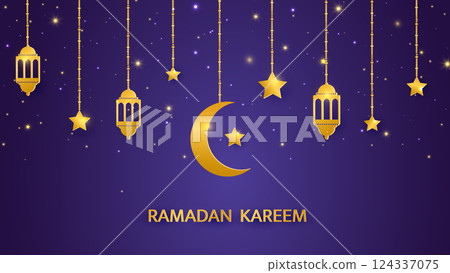 Ramadan Kareem traditional garland. Arabic eastern lanterns hanging baubles. Muslim ornament. Eid Mubarak banner. Holiday Night. Golden crescent, star. Islam decoration. Vector illustration 124337075