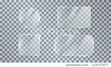 Glass plate texture. Gloss screen effect. Glossy mirror panel. Plastic mockup. Digital clear button. Square tag and badge. Shiny acrylic, plexiglass frame. Light window. Vector illustration 124337077