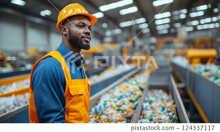 African american engineer watching recycling process next to conveyor belt in recycling plant. Waste recycling processing plant. Problem of ecology. 124337117