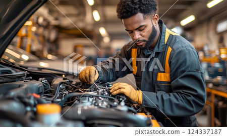 African american auto mechanic has skills in repairing and diagnostics automotive engines in a car workshop. Car repair service center. 124337187
