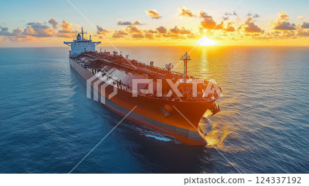 Side view of large crude oil tanker or capesize is moving in calm blue ocean waters against a backdrop of mountain ranges. Oil and gas cargo concept. 124337192