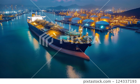 Aerial view of large crude oil tanker is docked at industrial port terminal for cargo operations in the sea. Oil refinery with crude oil storage tanks 124337193