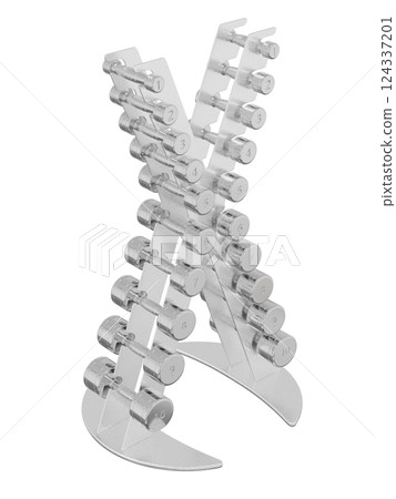 Gym Dumbbell rack in X shape, a stand for weightlifting gym equipment with different size and weight dumbbells. Png clipart isolated on transparent background 124337201