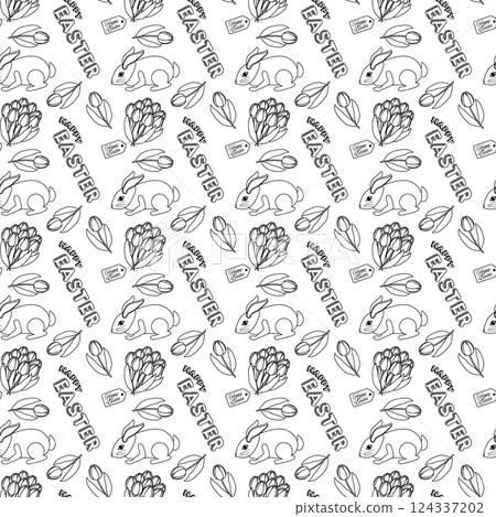 Black and white seamless pattern featuring Easter bunnies, tulips, bouquets, and - Happy Easter - text in a hand drawn doodle style. Ideal for kids coloring page and festive holiday crafts. Black and white seamless pattern featuring Easter bunnies, tulips, bouquets, and - Happy Easter - text in a hand drawn doodle style. Ideal for kids coloring page and festive holiday crafts. 124337202