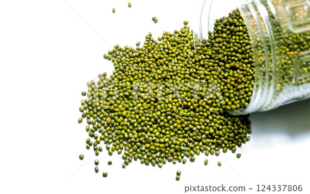 Close-up of mung beans on white background Close-up of mung beans on white background 124337806