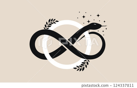 Infinity snake, mystical serpent curled up in shape of infinity sign, celestial eight knot symbol. Pagan wiccan design. Magic circle illustration for spiritual practices of ethnic and rites, isolated Infinity snake, mystical serpent curled up in shape of infinity sign, celestial eight knot symbol. Pagan wiccan design. Magic circle illustration for spiritual practices of ethnic and rites, isolated 124337811
