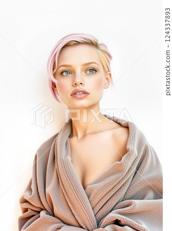 Young woman in a bathrobe with pink hair 124337893