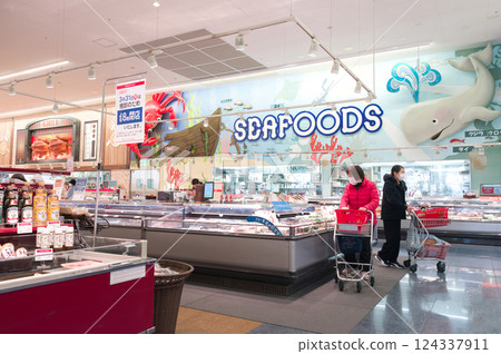 March: Shopping at a local supermarket on a holiday March: Shopping at a local supermarket on a holiday 124337911