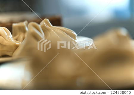 Fresh prepared Georgian dumplings of Khinkali are shown on a plate, close -up Fresh prepared Georgian dumplings of Khinkali are shown on a plate, close -up 124338040