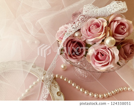Pink roses, pearls, tulle and lace Pink roses, pearls, tulle and lace 124338051
