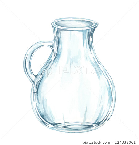 Transparent glass pitcher. Jug watercolor clipart suitable for kitchen-themed designs, branding for drinkware, or food-related content. Perfect for decorating menus, blogs, or social media posts Transparent glass pitcher. Jug watercolor clipart suitable for kitchen-themed designs, branding for drinkware, or food-related content. Perfect for decorating menus, blogs, or social media posts 124338061