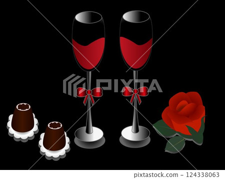 Two glasses of red wine, chocolates and rose on a black background. Two glasses of red wine, chocolates and rose on a black background. 124338063