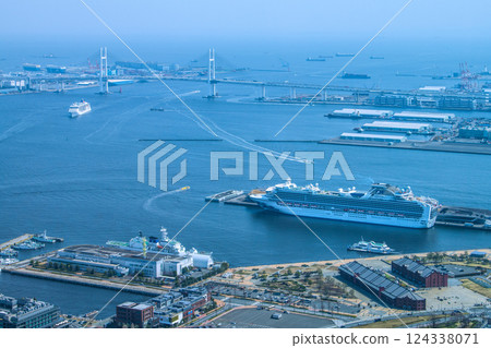 Yokohama cityscape, Japan. First port arrival. Europa 2 passing through Yokohama Bay Bridge. Daikoku Pier is in the background. March 25th. 124338071