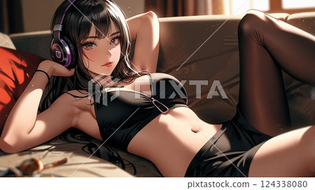 一位美女在飯店沙發上聽音樂的插圖 124338080