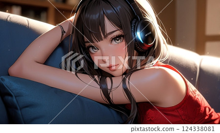 一位美女在飯店沙發上聽音樂的插圖 124338081