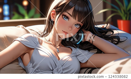 一位美女在飯店沙發上聽音樂的插圖 124338082