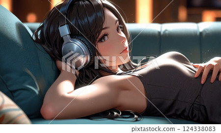 一位美女在飯店沙發上聽音樂的插圖 124338083