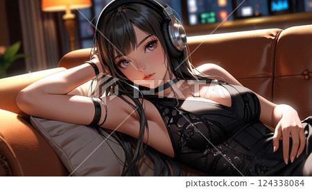 一位美女在飯店沙發上聽音樂的插圖 124338084