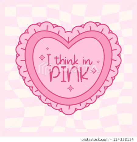 Vintage Coquette Pink Heart Ribbon Decor. Romantic Girly Vibe. Cute Trendy Aesthetic card Bow on Groovy Twisted Checkered Background with Motivational Quote. Vector illustration Vintage Coquette Pink Heart Ribbon Decor. Romantic Girly Vibe. Cute Trendy Aesthetic card Bow on Groovy Twisted Checkered Background with Motivational Quote. Vector illustration 124338134