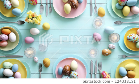 Top view pastel Easter table setting. Frame of color Easter eggs, dishes on turquiose wooden table. Top view pastel Easter table setting. Frame of color Easter eggs, dishes on turquiose wooden table. 124338151