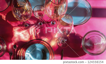 Creative bright Easter table setting in pop art style. Top view of colorful transparent glass dishes Creative bright Easter table setting in pop art style. Top view of colorful transparent glass dishes 124338154