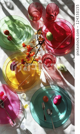Bright Easter table setting Color transparent glass dishes, Easter eggs, with shadows and hard light Bright Easter table setting Color transparent glass dishes, Easter eggs, with shadows and hard light 124338155