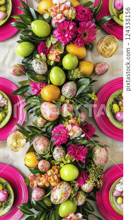 Top view to creative bright Easter table setting composition. Colorful Easter eggs, dishes, flowers. Top view to creative bright Easter table setting composition. Colorful Easter eggs, dishes, flowers. 124338156