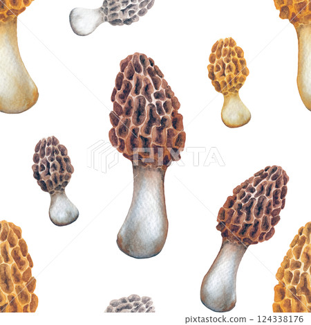 Seamless pattern of realistic watercolor Yellow Morrel mushrooms Seamless pattern of realistic watercolor Yellow Morrel mushrooms 124338176