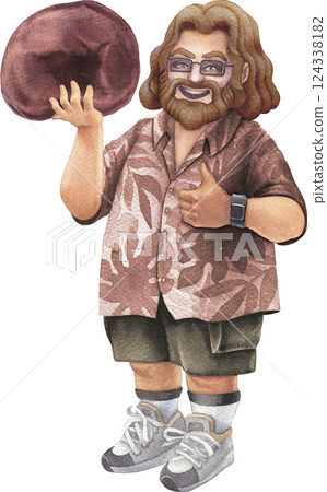 A cheerful bearded man in a Hawaiian shirt holds Wood Ear mushroom, smiling and giving a thumbs-up A cheerful bearded man in a Hawaiian shirt holds Wood Ear mushroom, smiling and giving a thumbs-up 124338182