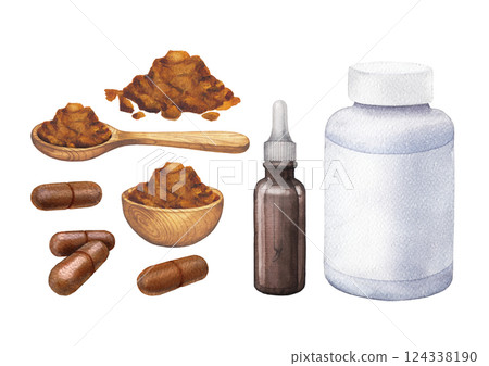 Realistic watercolor collection of a supplement bottles, pills and powder. 124338190