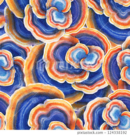 Seamless pattern of Realistic watercolor Turkey Tail mushrooms Seamless pattern of Realistic watercolor Turkey Tail mushrooms 124338192