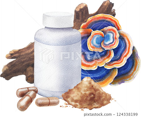 Watercolor plastic bottle of Turkey Tail supplement decorated with mushroom, log, pills and powder. Watercolor plastic bottle of Turkey Tail supplement decorated with mushroom, log, pills and powder. 124338199