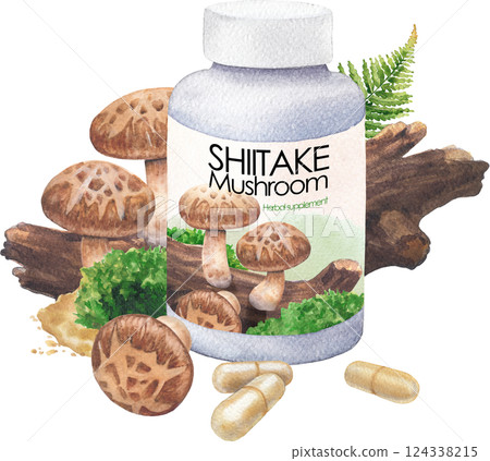 Watercolor bottle of Shiitake supplements decorated with mushrooms, fern leaf, moss, pills and powder 124338215