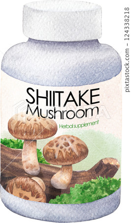 Realistic watercolor plastic bottle of Shiitake mushroom supplements, isolated on a white background 124338218