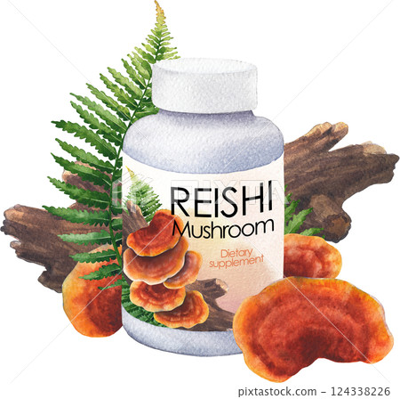 Realistic watercolor plastic bottle of Reishi supplement decorated with mushrooms, log and fern leaves. 124338226