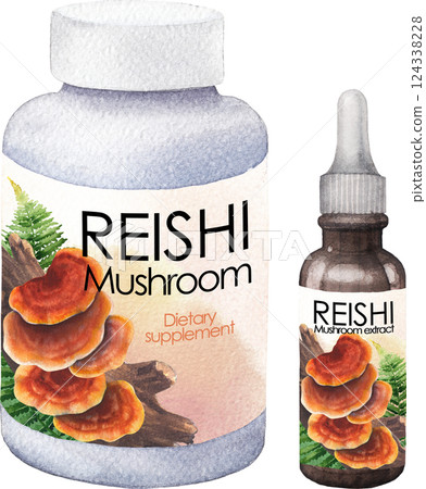 Realistic watercolor plastic and glass bottles of a Reishi mushroom supplements and extract Realistic watercolor plastic and glass bottles of a Reishi mushroom supplements and extract 124338228