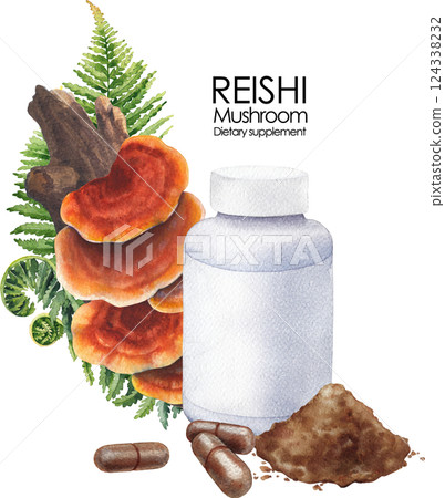 Watercolor plastic bottle of a Reishi supplement decorated with mushrooms on a log, fern leaves, pills and powder. 124338232